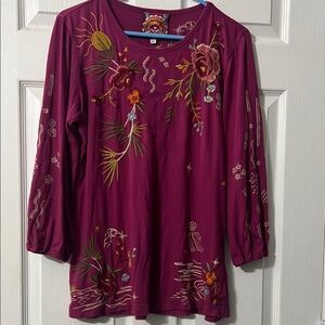Johnny Was Maroon and Purple Embellished 3/4 Sleeve Blouse